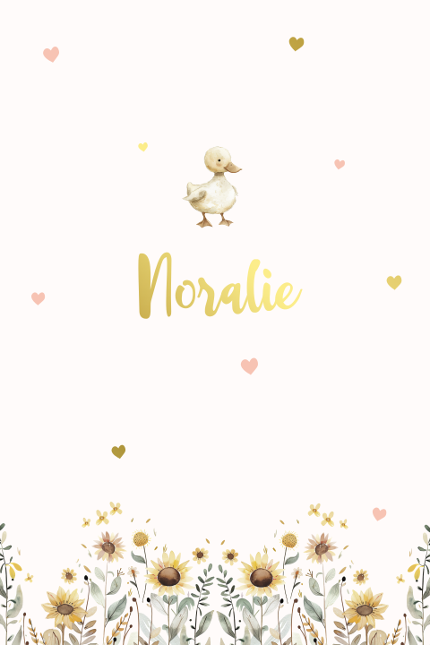 Geboortekaartje meisje met een eendje bloemen en hartjes lief
