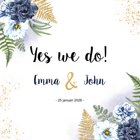 Trouwkaart blauwe rozen en takjes