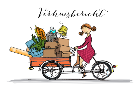 Grappig getekende verhuiskaart met bakfiets met huisraad