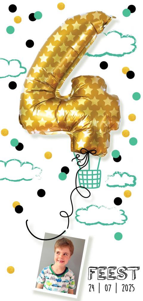Super hippe uitnodiging met 4 folie ballon