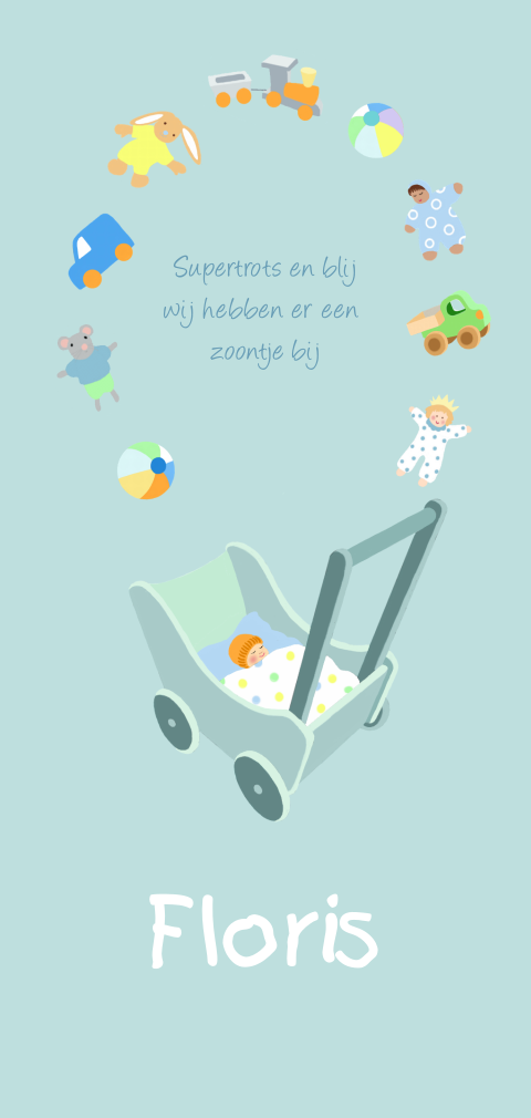 Geboortekaartje jongen met houten kinderwagen en speelgoed