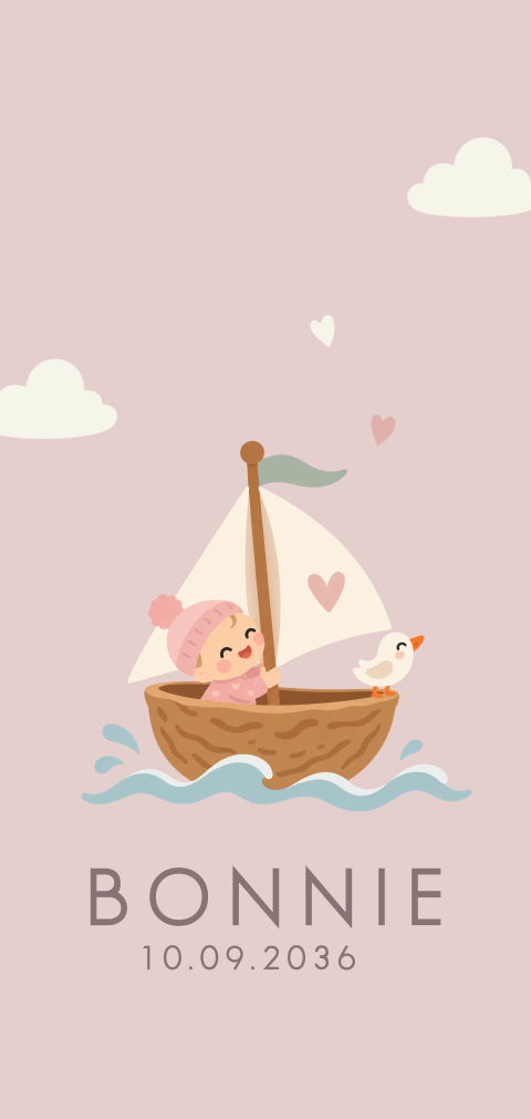 Lief geboortekaartje met meisje in zeilboot en meeuw