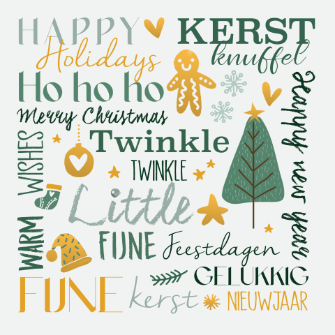 Kerstkaart handlettering groen en geelgoud teksten typografie