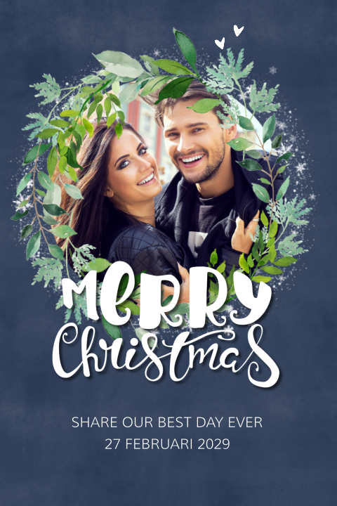 Save the date kerstkaart met krans en foto