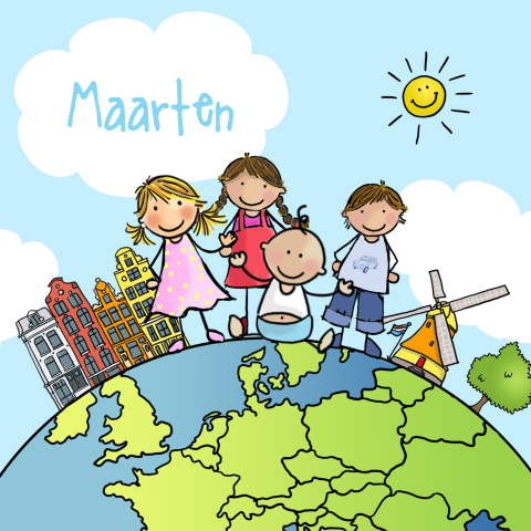 Geboortekaartje vierde kindje jongen op wereldbol met zusje en broer