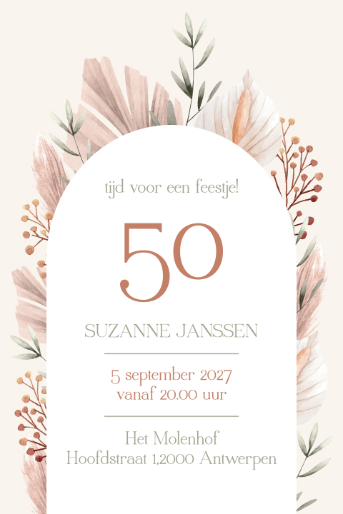 Uitnodiging verjaardag 50 jaar met getekende droogbloemen