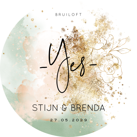 Sticker met groen en roze aquarel en goud kleurige spetters