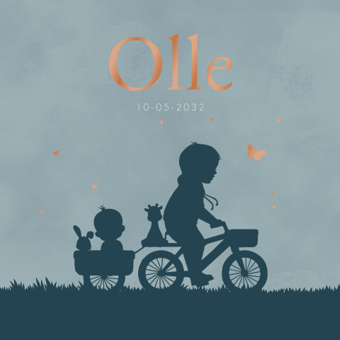 Geboortekaartje 2e kindje jongen in bakje met fiets met grote broer