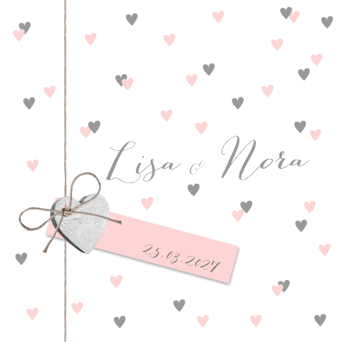 Geboortekaartje tweeling hartjes label roze zilver