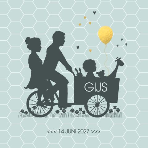 Geboortekaartje ouders met bakfiets en jongetje