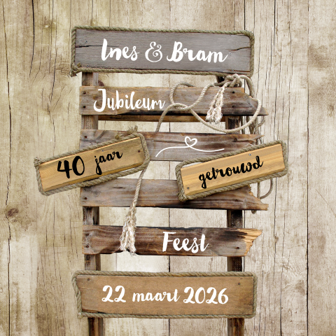Uitnodiging jubileum 40 jaar pallet houten bordjes