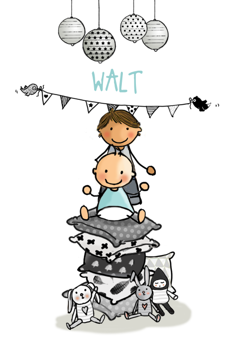 Mooi eigentijds geboortekaartje wit met jongens op kussens