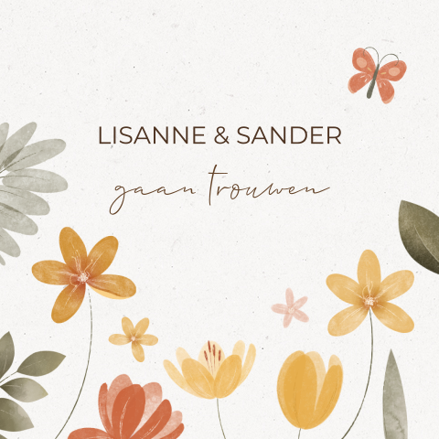 Hippe trouwkaart met getekende bloemen