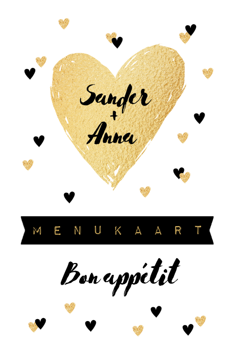 Menukaart trouwen hartjes goud zwartwit