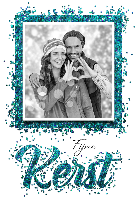 Kerstkaart blauwe confetti Kerst met eigen foto