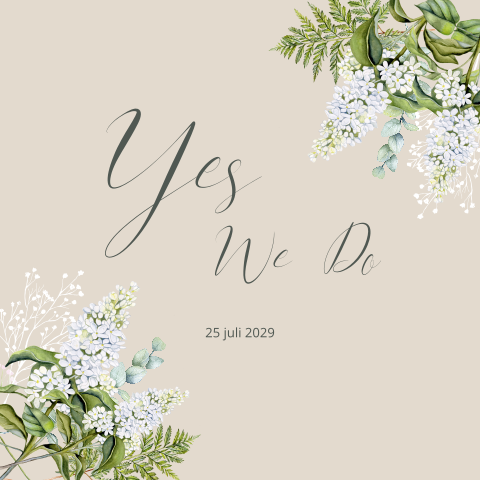 Trouwkaart met witte seringen eucalyptus