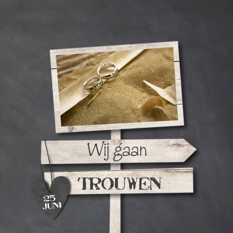 Trouwkaart wij gaan trouwen krijtbord met wegwijs borden en foto