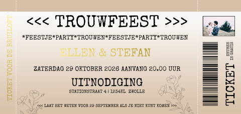 Hippe trouwkaart ticket stijl met goudfolie