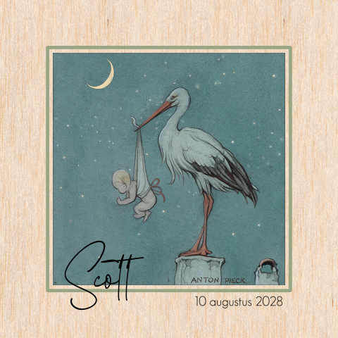 Geboortekaartje op hout Anton Pieck ooievaar in nacht