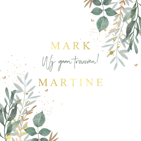 Trouwkaart watercolor takjes met goudfolie