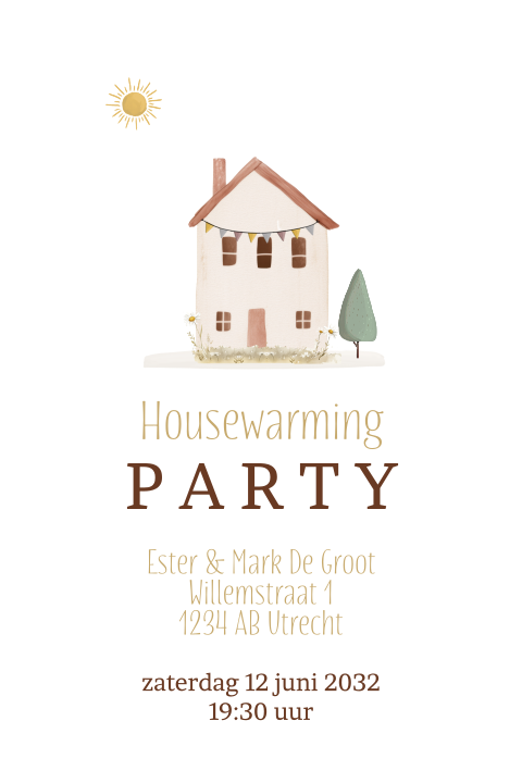uitnodiging Housewarming Party met zonnetje en huis