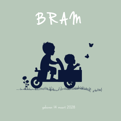 Silhouette geboortekaartje 2e kindje jongen met houten fietskar