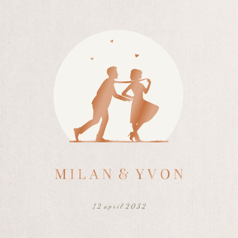 Trouwkaart met getekende bruidspaar aan stropdas trekken