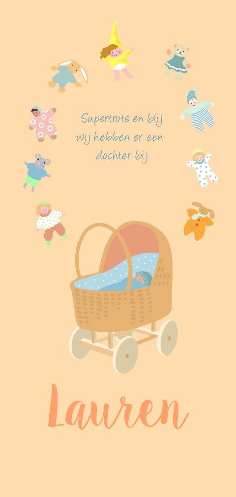 Geboortekaartje voor een meisje met rieten kinderwagen met poppen