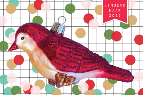 Kerstkaart met een kerstbal in de vorm van een vogel