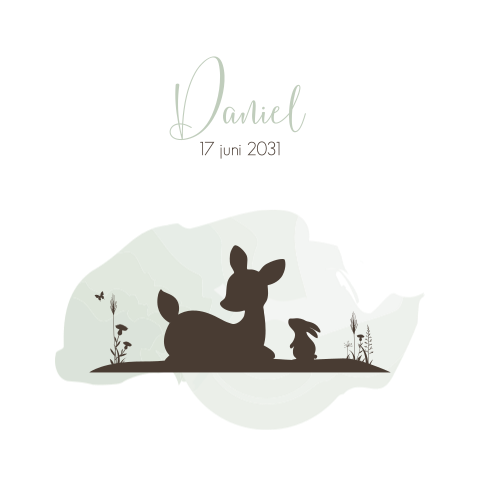 Silhouet geboortekaartje met hertje, konijn en aquarel achtergrond