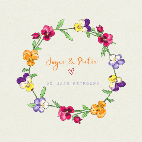 Jubileumkaart krans met viooltjes 50 jaar getrouwd