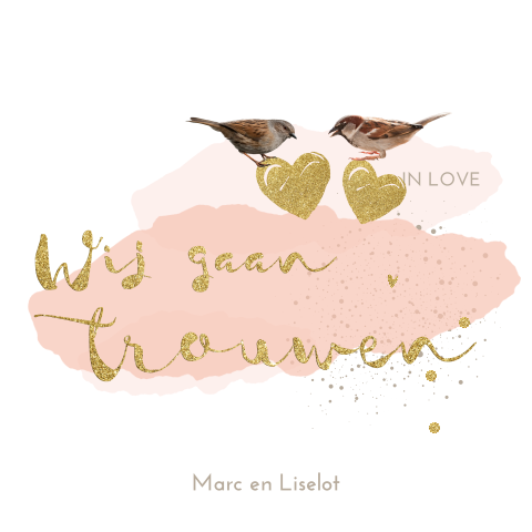 Romantische leuke trouwkaart met roze verf en goud accenten