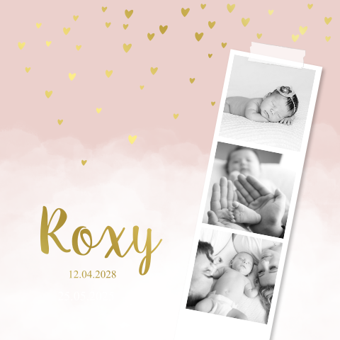 Geboortekaartje fotostrip wolken hartjes goudfolie meisje