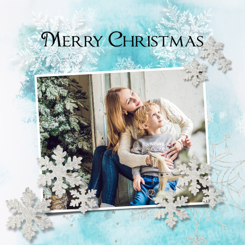 Kerstkaart winters ijsblauw met fotokader
