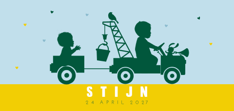 Hip geel geboortekaartje jongen hijskraanwagen broertje