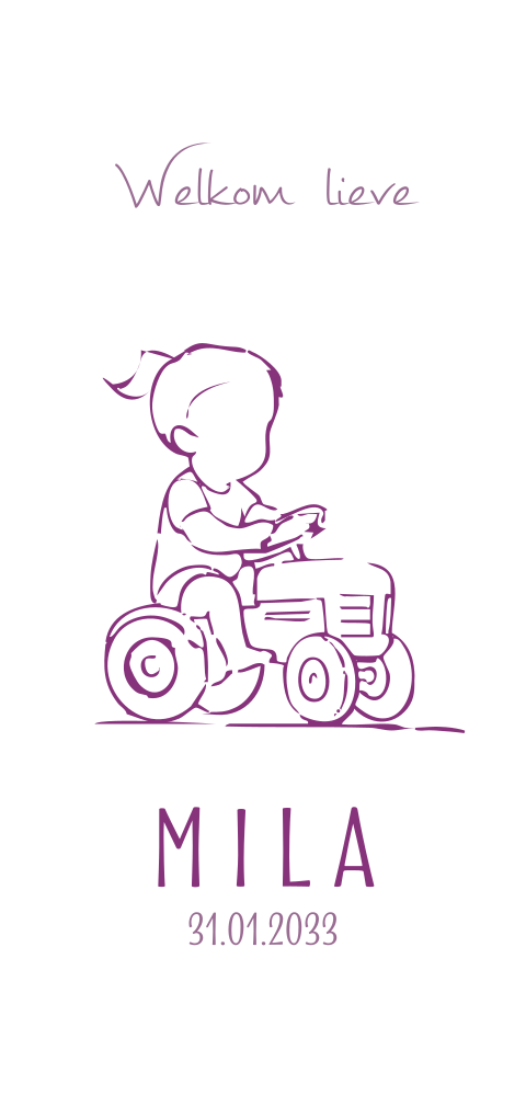 Geboortekaartje voor een meisje met traktor en kindje