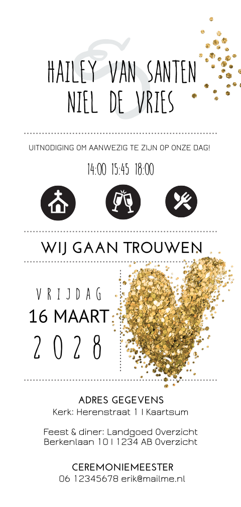 Mooie trouwkaart met tijdlijn en gouden hart