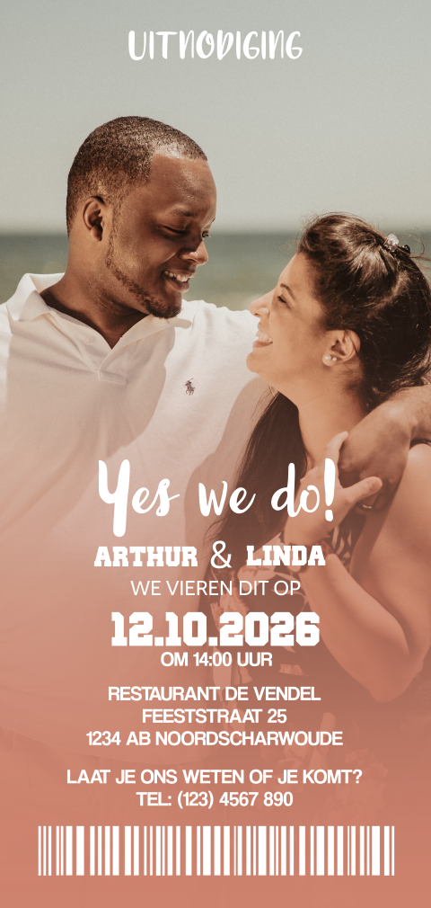 Mooie trouwkaart in ticket thema met eigen foto