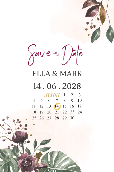Trouwen Save the date kaart bordeaux watercolor