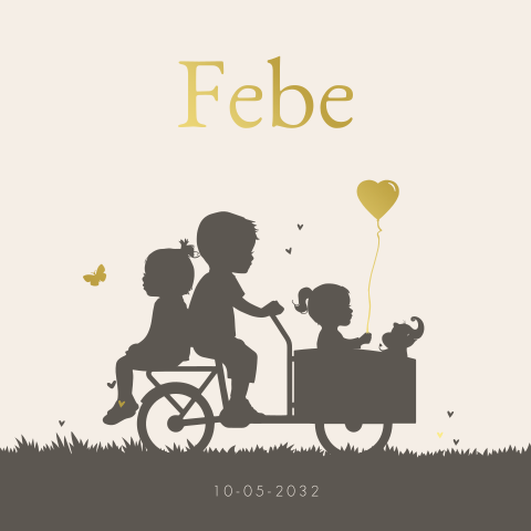 Geboortekaartje 3e kindje meisje in bakfiets met broer en zusje