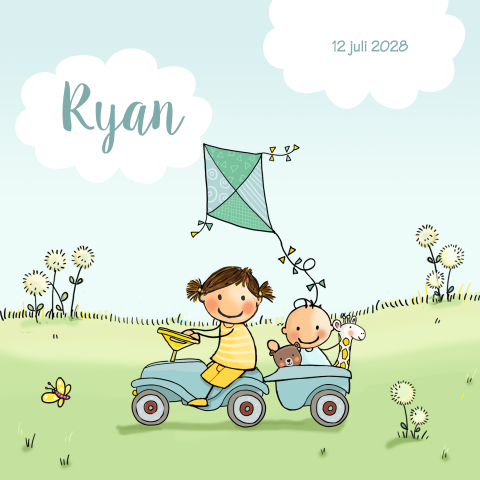 Geboortekaart zusje met baby broertje met auto en kar met beestjes