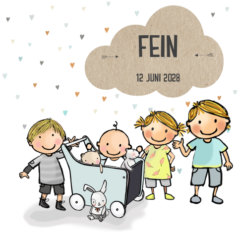Geboortekaartje loopkar jongen 4e kindje met knuffels