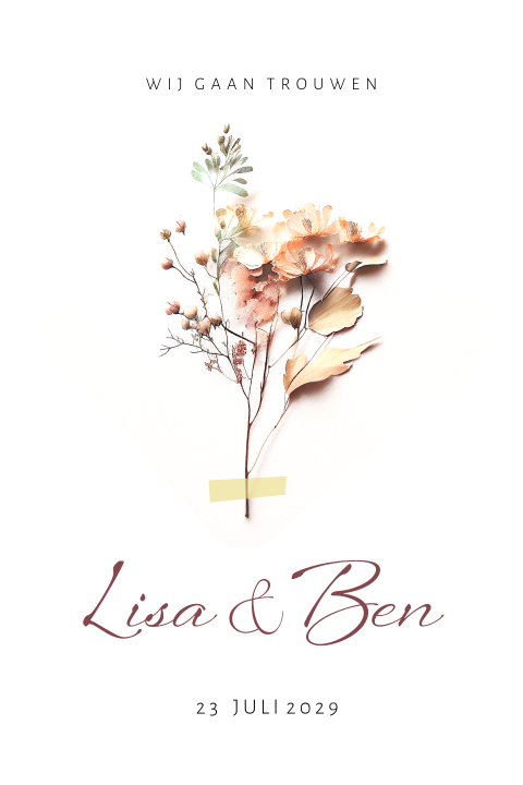 Trouwkaart met droogbloem in waterverf