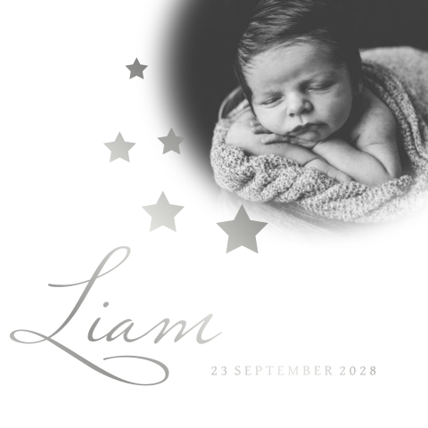 Geboortekaartje jongen met foto ster zilver folie