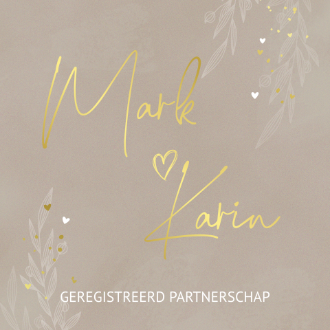 Geregistreerd partnerschap uitnodiging zandtint met goudfolie takjes