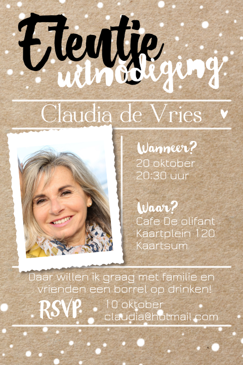 Uitnodigingskaart diner witte confetti en foto