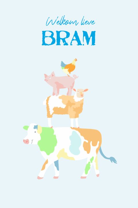 Jongens geboortekaartje met stapel van boerderij diertjes Bram