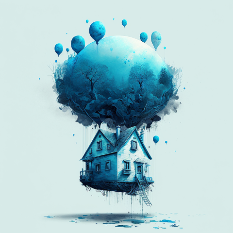 Verhuiskaart door ballonnen opgetild huis