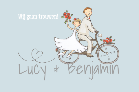 Trouwkaart bruidspaar op fiets op blauw