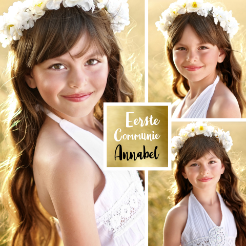 Uitnodiging Eerste Communie fotocollage kaart met goudkleur